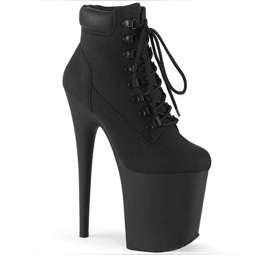 🦋B2G1🦋PLEASER 8" Heel Black Nubuck Faux Leather Platform Lace Up Stiletto Boots